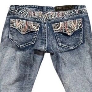 Embellished‎ Embroidered Sequins Bling Pockets Bootcut Jeans 5/6 Mid Rise Denim